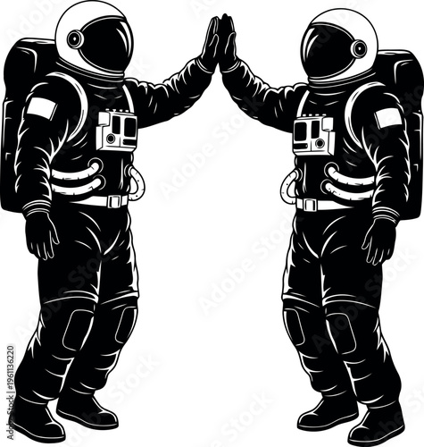 Two Astronauts Giving High Five In Space Suits Illustration