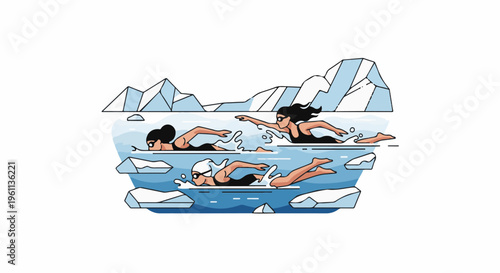 Three women swim in icy waters amidst ice formations