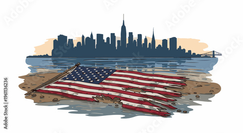 Tattered flag on a beach with city skyline and bridge
