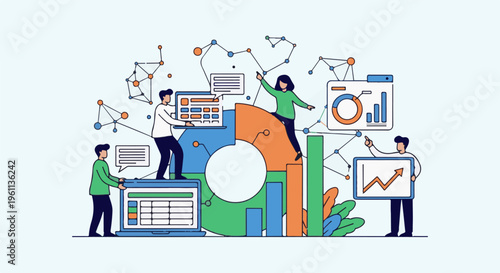 Team analyzing data and charts, with nodes and lines connecting them