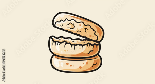 Toasted English muffins stacked with one open, revealing crumbly texture