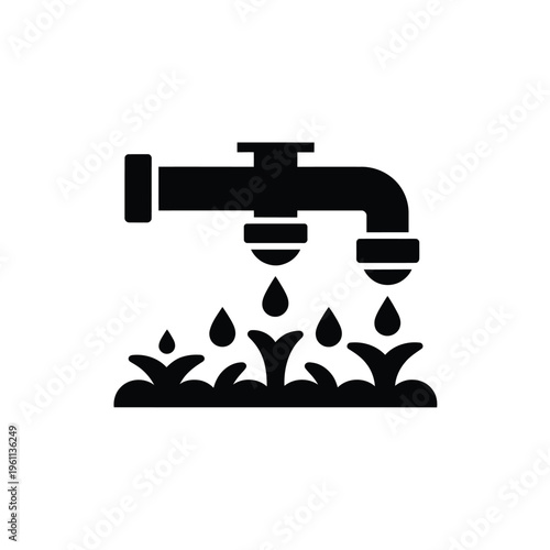 Simple black icon depicting a water tap irrigating growing plants