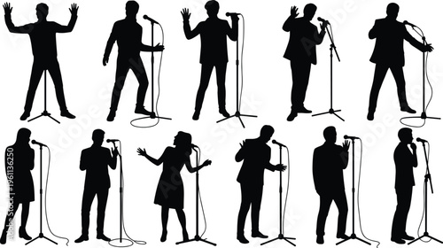 Vector silhouettes of singers and performers with microphones in diverse expressive stage poses showing music, concert, entertainment, performance, passion, illustration design.