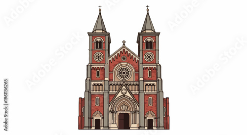 Stylized illustration of a large brick cathedral with two prominent towers