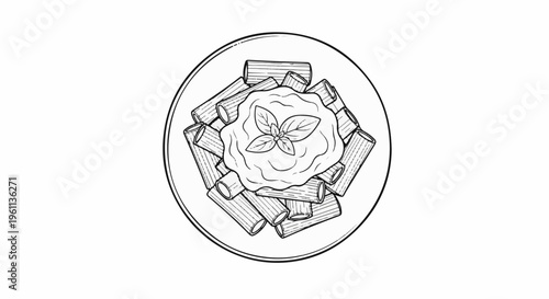 Top view line drawing of pasta with sauce and basil garnish