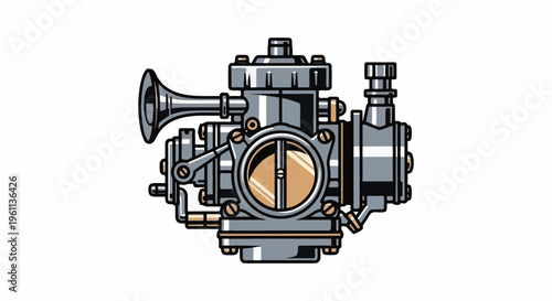 Stylized illustration of a metal engine carburetor
