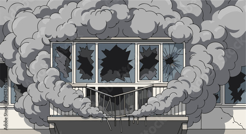 Thick gray smoke billows around a building with shattered windows and a broken balcony railing