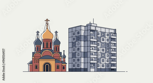 Traditional domed church stands beside a modern apartment building