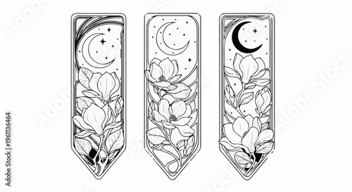 Three art nouveau style bookmarks with moon, stars and magnolia flowers