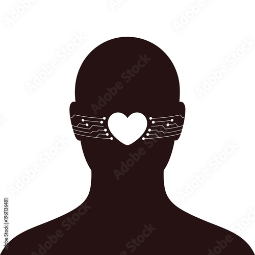 Silhouette of a head with technology and a heart shaped void