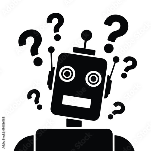 Confused robot surrounded by question marks representing uncertainty
