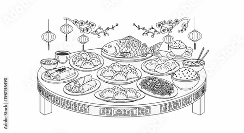 Traditional feast with whole fish, dumplings, spring rolls, and rice