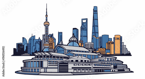 Stylized illustration of a modern cityscape with varied building heights