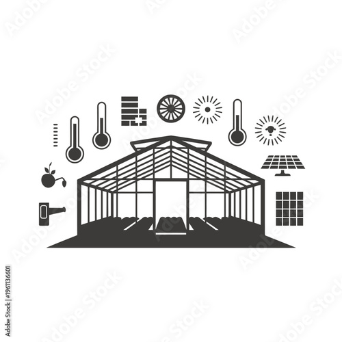 Illustration of a greenhouse with associated agricultural and energy icons