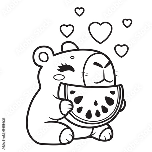 Cute cartoon capybara eats a slice of watermelon with appetite outlined for coloring page on white background