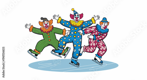 Three cartoon clowns in colorful costumes ice skating on a light blue surface