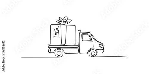 Continuous line drawing of a delivery truck carrying a large gift box with a bow.