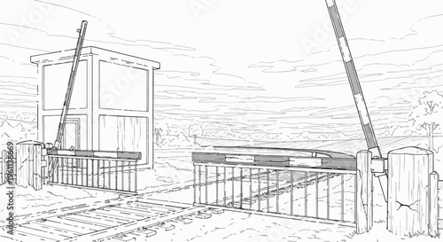 Train crossing with barrier, signal box, and rural landscape