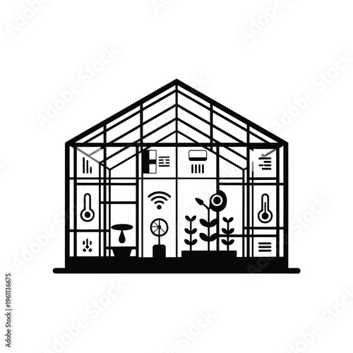 Line art illustration of a greenhouse with plants and monitoring devices