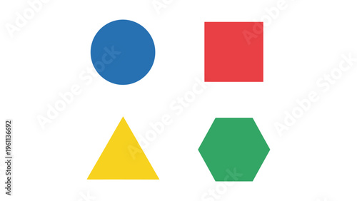 Four distinct geometric shapes in primary colors