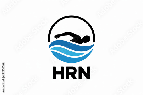 Graphic logo featuring a silhouette of a person swimming in blue waves with the acronym hrn below Vector