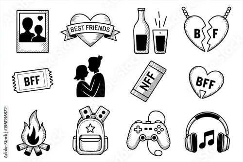 A collection of hand drawn doodle icons representing friendship and various shared social hobbies Vector