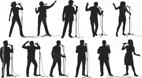 Vector silhouettes of singers and performers with microphones in expressive stage poses showing music, concert, entertainment, performance, energy, passion, illustration design.