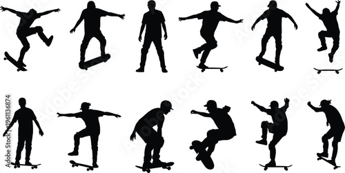 Vector silhouettes of skateboarders performing tricks and stunts in dynamic poses showing motion, balance, energy, sports, action, and illustration design.