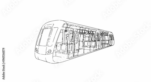 Transparent sketch of a public transit vehicle interior with seats and handrails
