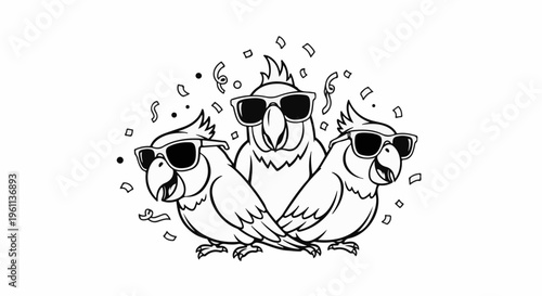 Three cool parrots wearing sunglasses, celebrating with confetti