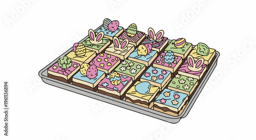Tray of colorful, decorated brownies with Easter themes