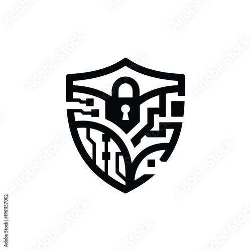 Stylized black shield icon with a lock and integrated circuit design