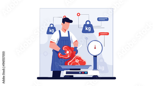 A butcher in a blue apron weighs qurbani meat on a scale during Eid festival, surrounded by weight measurements, flat design
