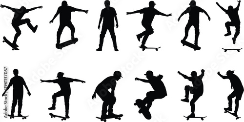 Vector silhouettes of skateboarders performing tricks, flips, and stunts in dynamic poses showing motion, balance, energy, extreme sports, and illustration design.
