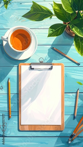 Top-down view tea, clipboard, pencils, and plant on a blue surface