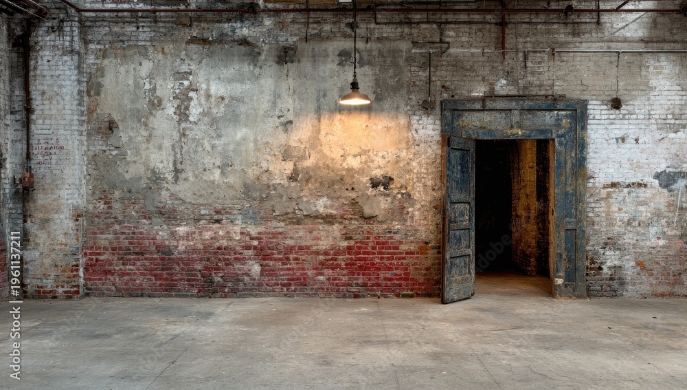 Fototapeta premium Old industrial room with distressed brick walls and an open doorway