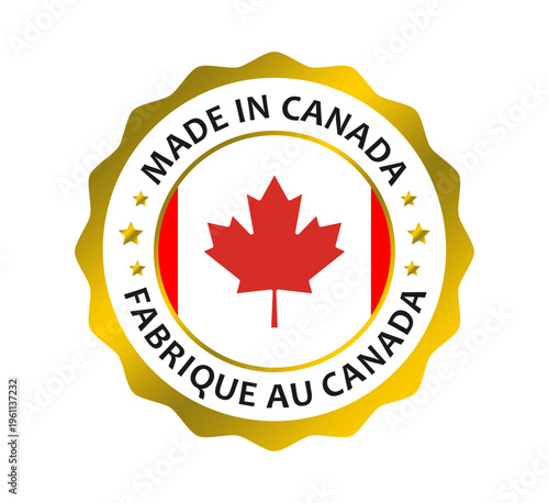 Made in Canada Gold Premium Quality Badge Seal Maple Leaf Label Vector