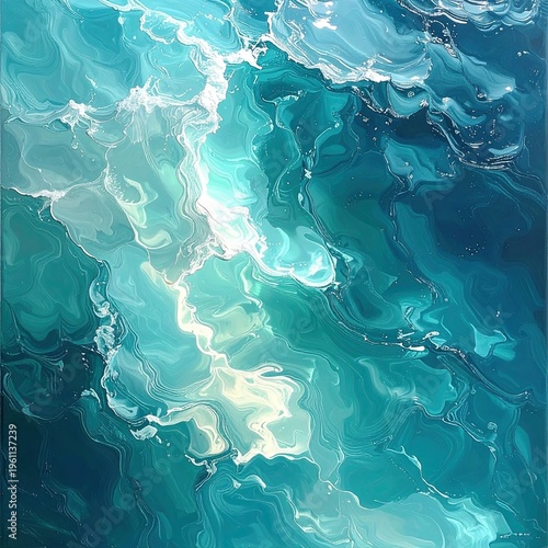 Swirling abstract painting of turquoise and teal flowing water