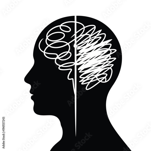 A silhouetted head with chaotic and organized brain representations