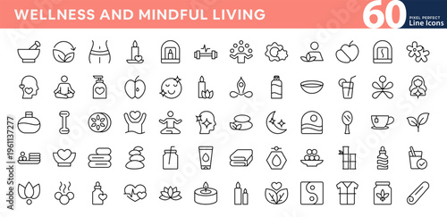 Wellness and Mindful Living line icon set. Mindfulness, creating, flower, yoga, health, lotus flowers, candles, icons. Editable vector stroke