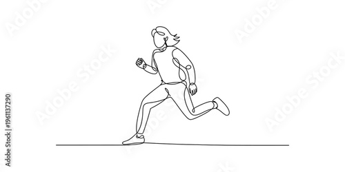 Minimalist continuous line art illustration of a person running on a white background