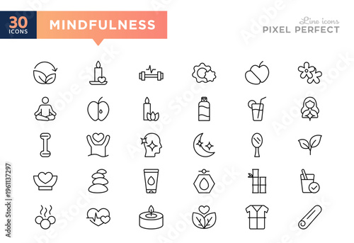 Mindfulness line icon set. Creating, flower, wellness, mindful, living, yoga, health, lotus flowers, candles, icon pack. Editable vector stroke