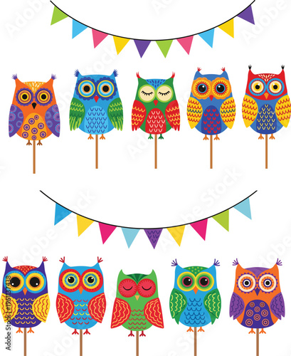 Colorful cartoon owls on sticks with festive pennant flags arranged in rows vibrant decorative celebration artwork illustration design