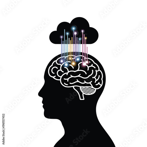 Human head silhouette with brain illustration and colorful data streams above
