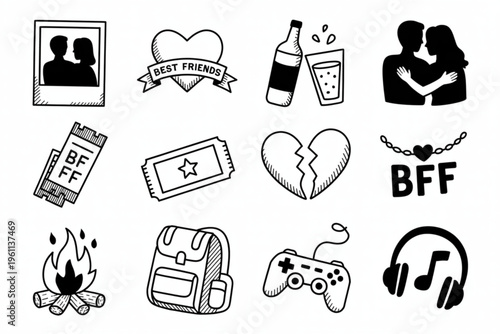 Set of twelve hand drawn black and white doodle icons representing friendship and social activities Vector