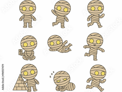 Cute Mummy Character Set with Various Poses and Egyptian Elements