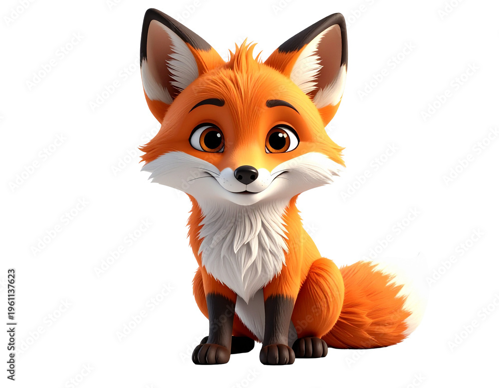 Fototapeta premium Cartoon fox cub sitting with friendly expression, vibrant orange fur and fluffy white chest