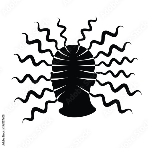 Abstract black silhouette of a head with radiating wavy lines