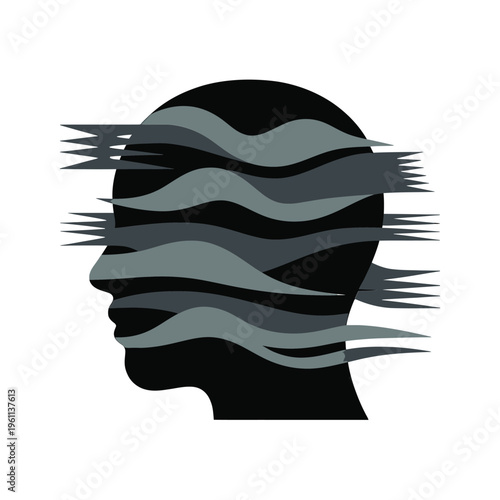 A stylized human head profile with fragmented flowing lines across it