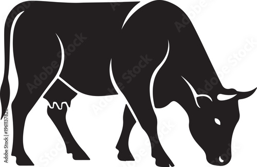 A detailed black and white silhouette icon of a cow grazing, depicted from the side with its head down, showing an udder and a tail.